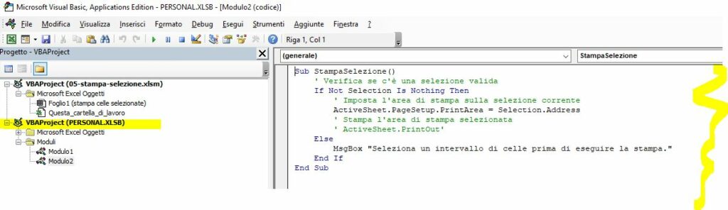 Creazione della Macro VBA per Stampare la Selezione